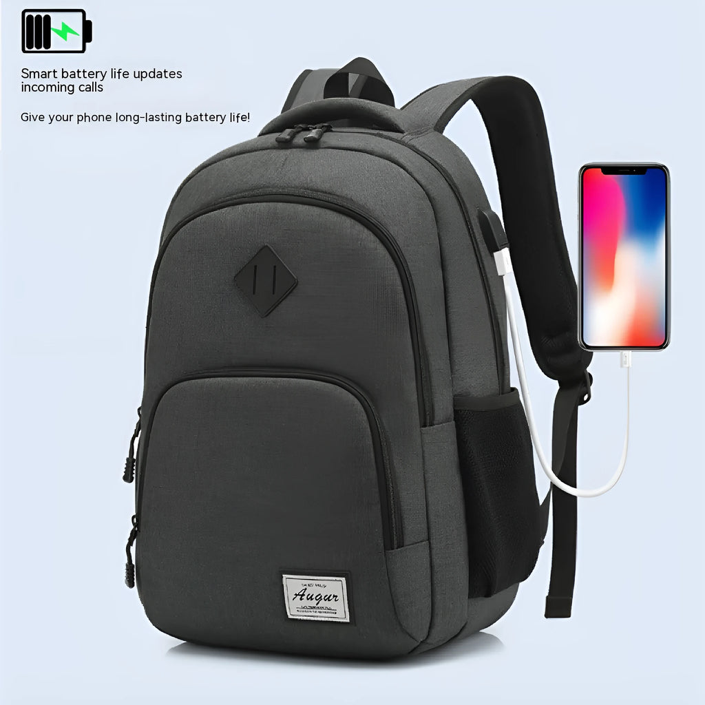 Lightweight grey USB charging backpack with trolley sleeve shown next to a smartphone.