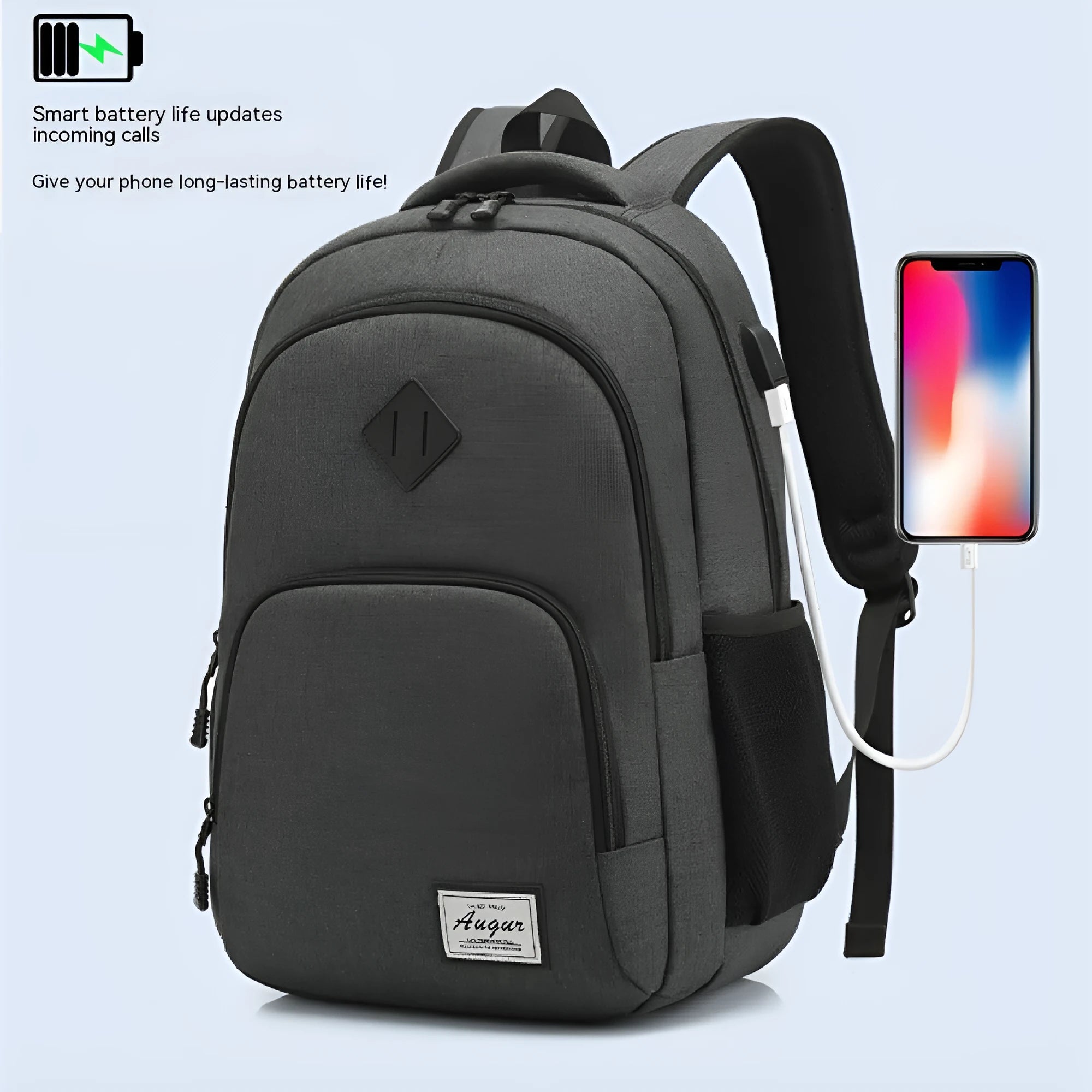 Lightweight grey USB charging backpack with trolley sleeve shown next to a smartphone.