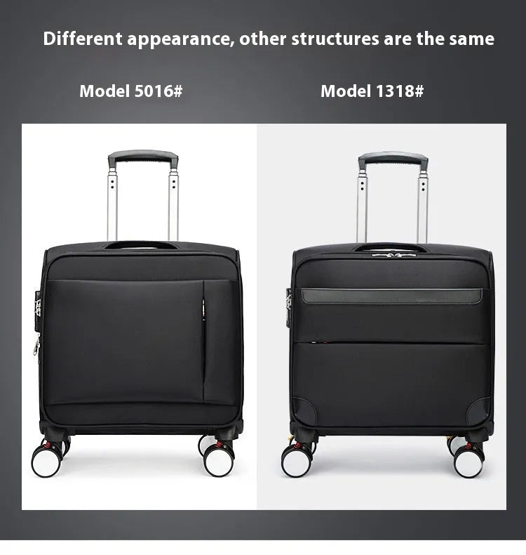 Black 18-inch Oxford cloth carry-on suitcase with a retractable handle and universal wheels.