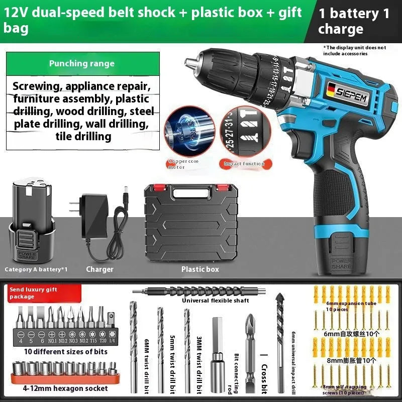 12V impact pistol drill electric screwdriver with two-speed control and pistol grip