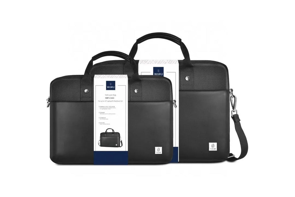 Black Oxford cloth laptop rucksack showing multi-pocket interior and separate computer compartment for 14 or 15.6 inch devices.