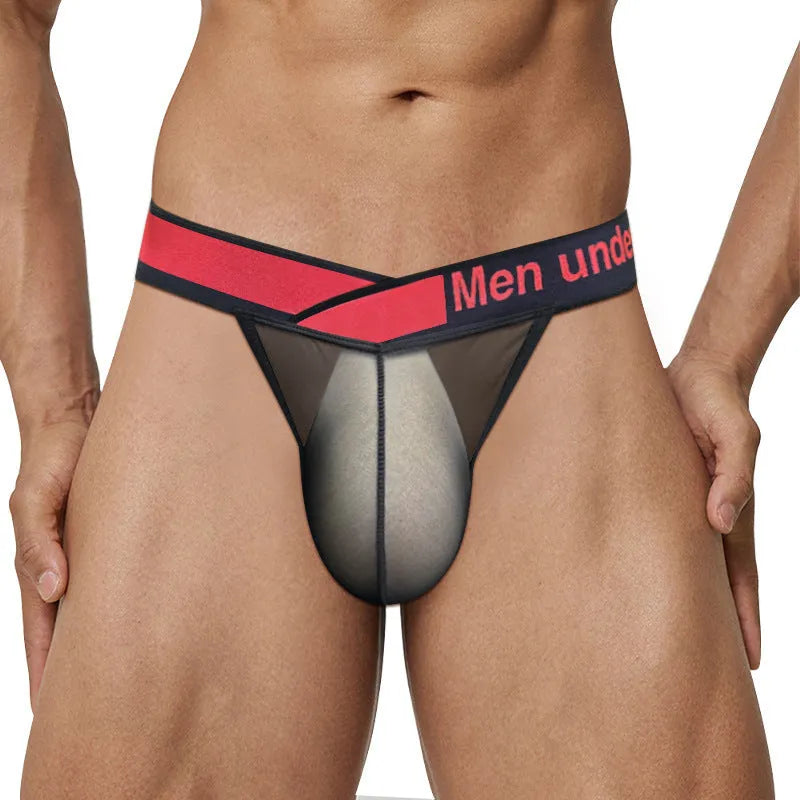 Men's black nylon underwear with a low waist and large V gradient high-cut design on a white background.