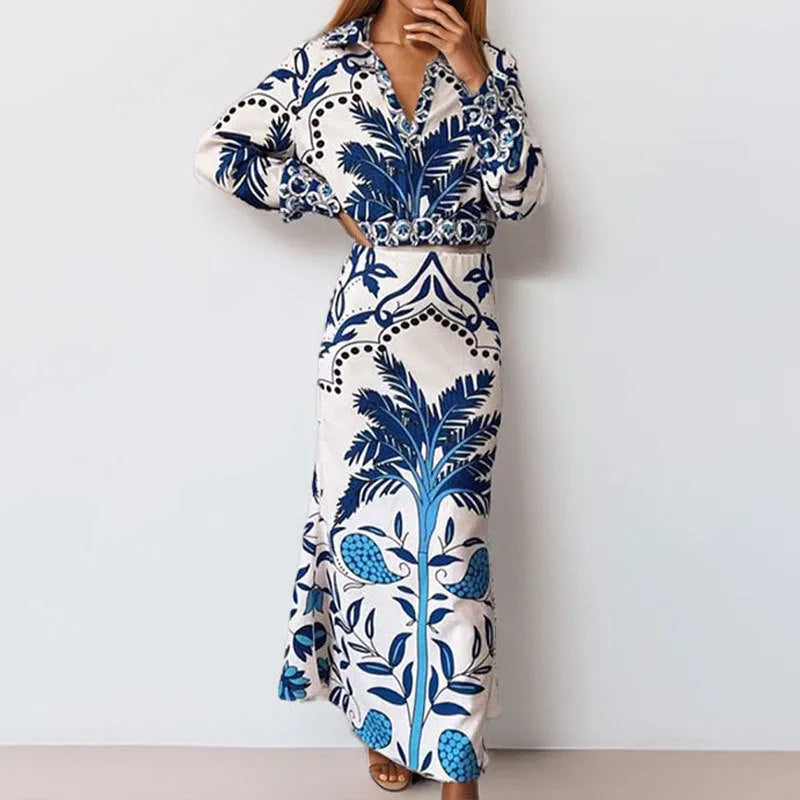 Women's casual polyester two-piece set with long sleeve top and matching long skirt in picture colour