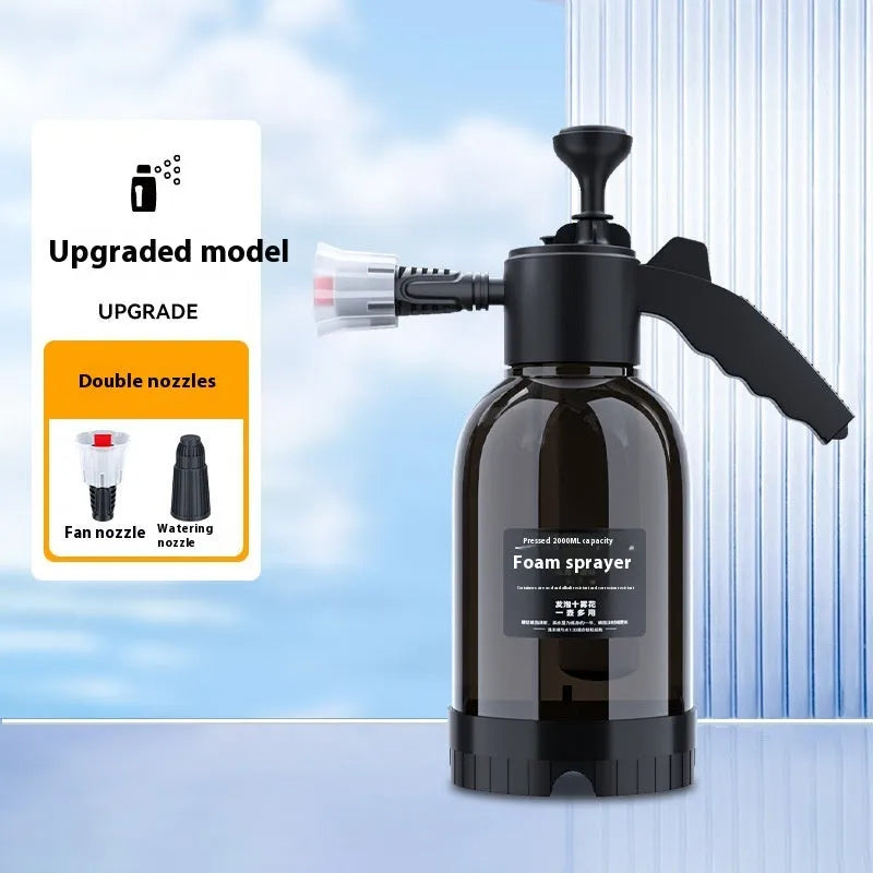 Black hand-held 2L foam sprayer watering can with nozzle, for garden and car washing.
