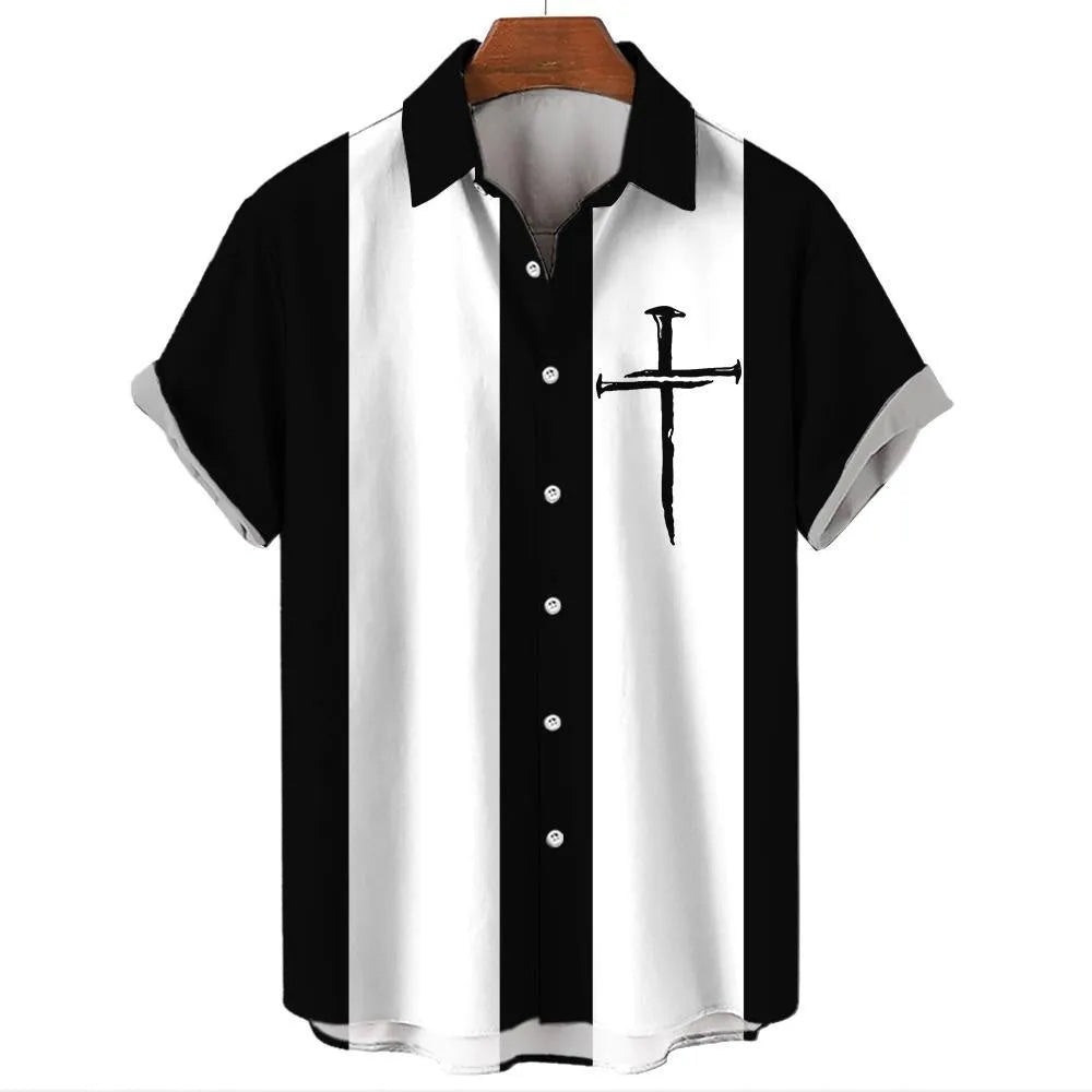 Men's tropical stripe Hawaiian shirt with short sleeves and button front in elastic polyester fabric