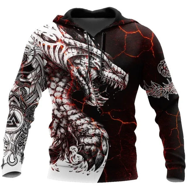 Men's cool animal-print street hoodie pullover with long sleeves and round collar in polyester fabric