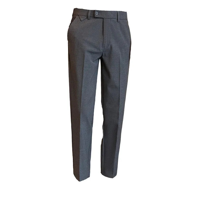 Men's brown suit trousers with waist stretch design, slim-fitting small straight cut, side view on hanger