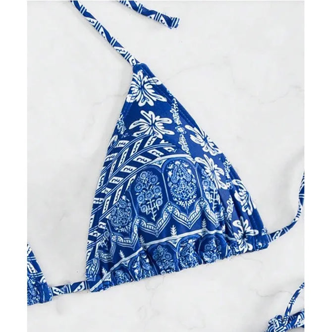 Women's bandage-style split bikini swimsuit with printing and stitching detail in multiple colours