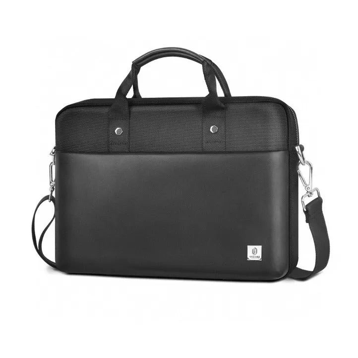 Black Oxford cloth laptop rucksack showing multi-pocket interior and separate computer compartment for 14 or 15.6 inch devices.