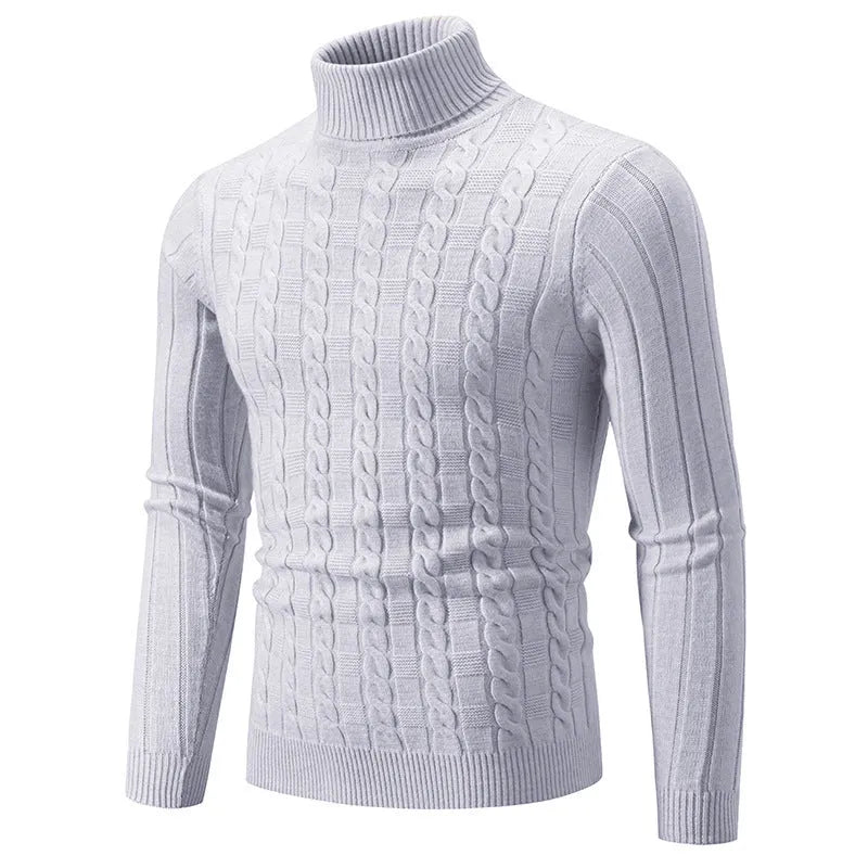 Men's slim fit chenille turtleneck pullover sweater in milky white colour showing front view