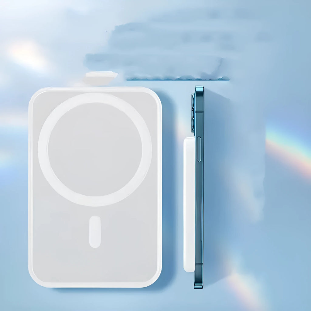 Magnetic wireless charging power bank in white colour showing compact rectangular design