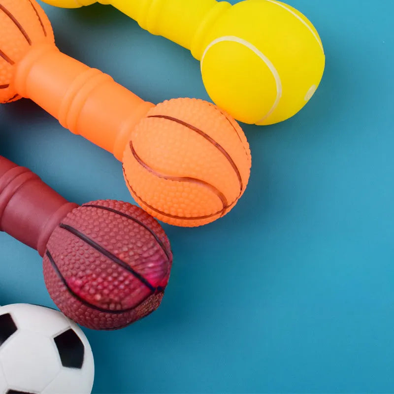 Brown, orange, white, and yellow football dumbbell shaped dog chew toy with squeaker