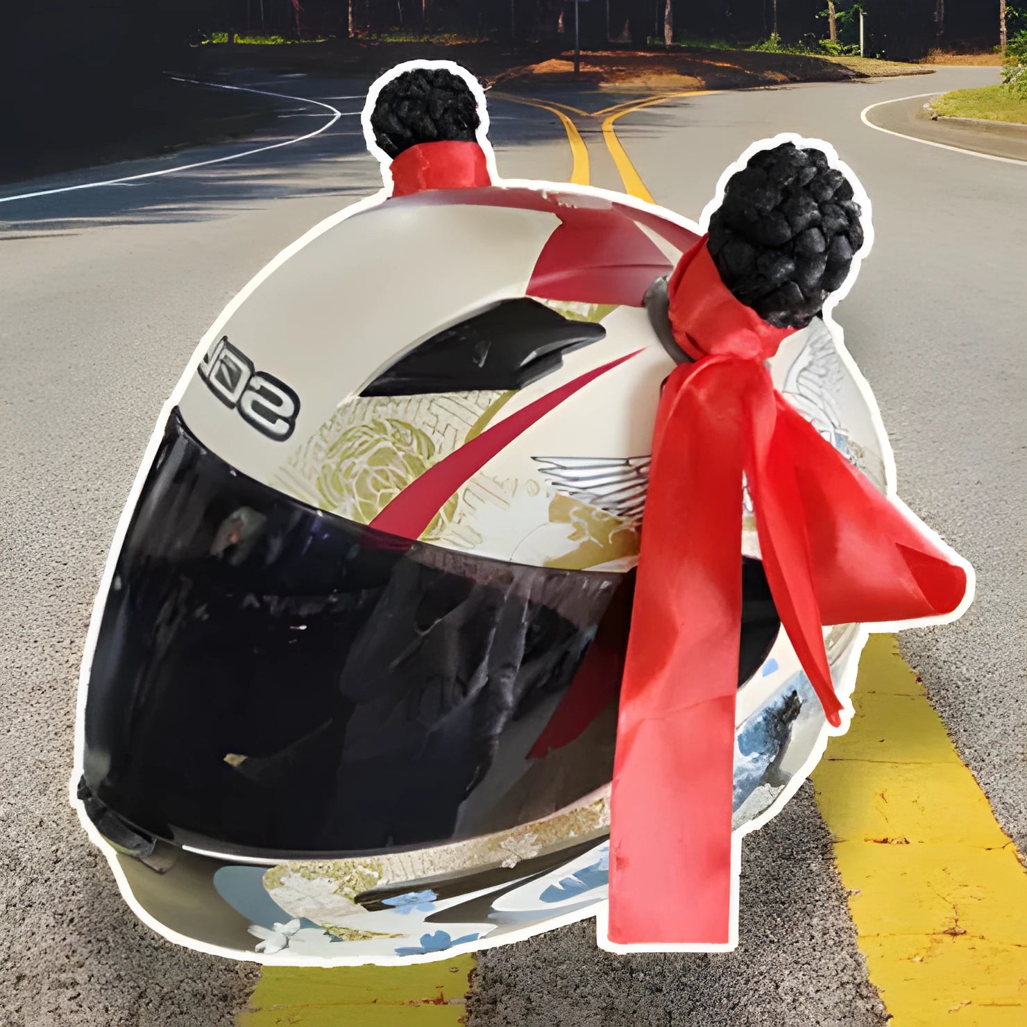 Motorcycle helmet decorative balls and braids with non-marking adhesive for scooter and balancing vehicle helmets