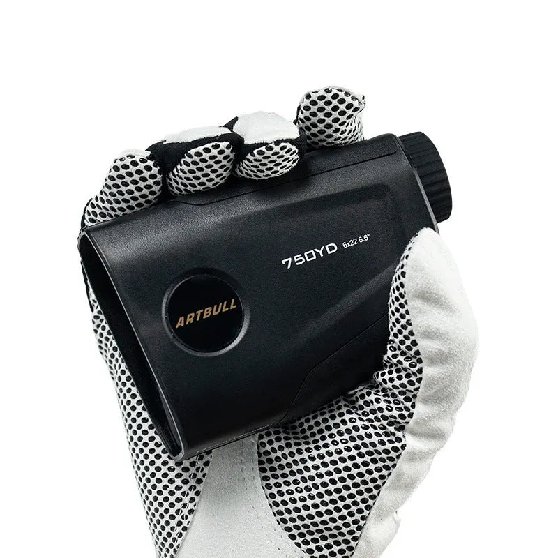 Golf laser rangefinder with LCD display showing distance measurement and slope adjustment function