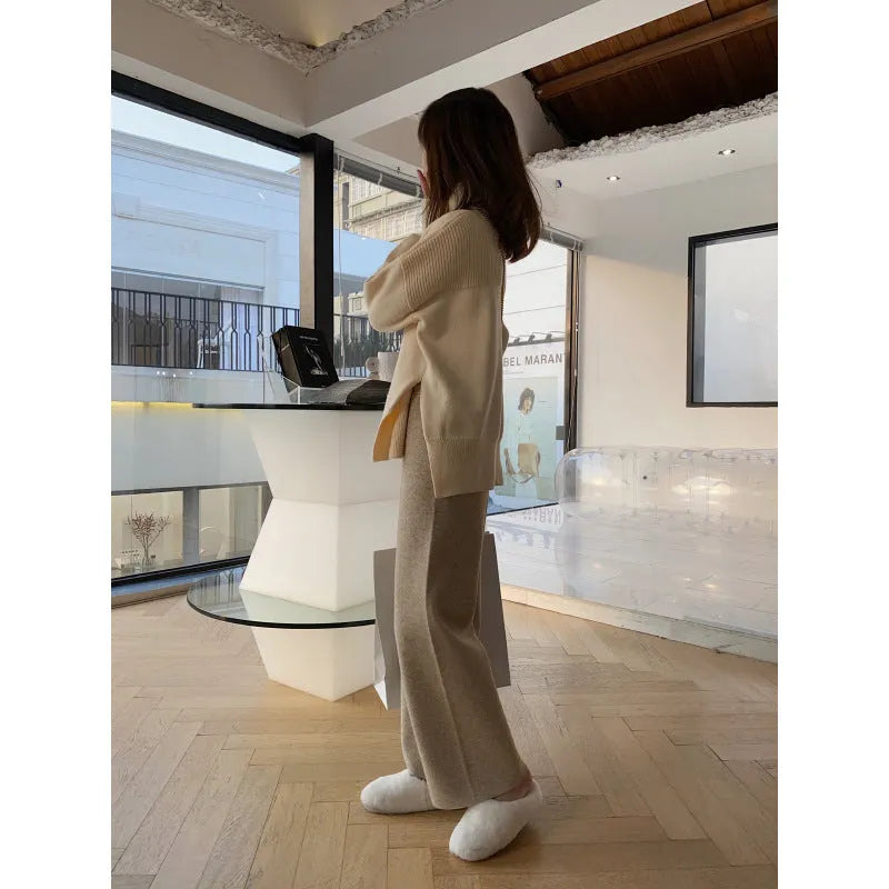 Women's super thick knitted wide-leg trousers in high-waist dropping design available in four colours