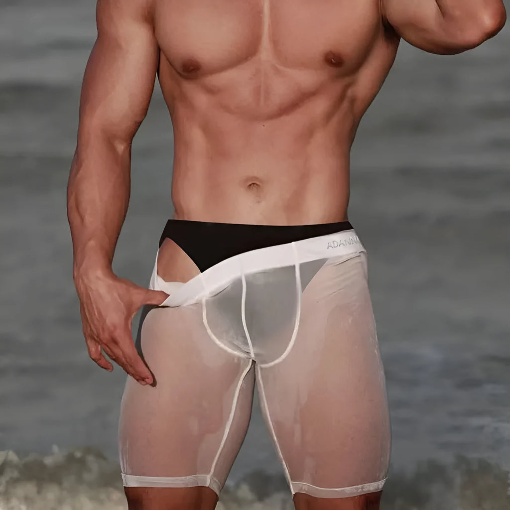 Men's knitted nylon mesh home shorts in solid colour with seamless construction