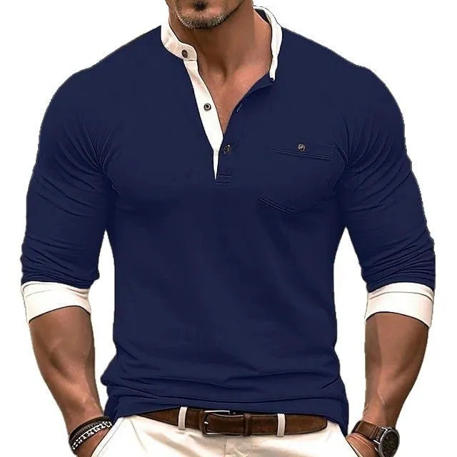 Men's solid colour long sleeve cotton t-shirt shown in available colours: black, green, navy, brown, orange, grey.