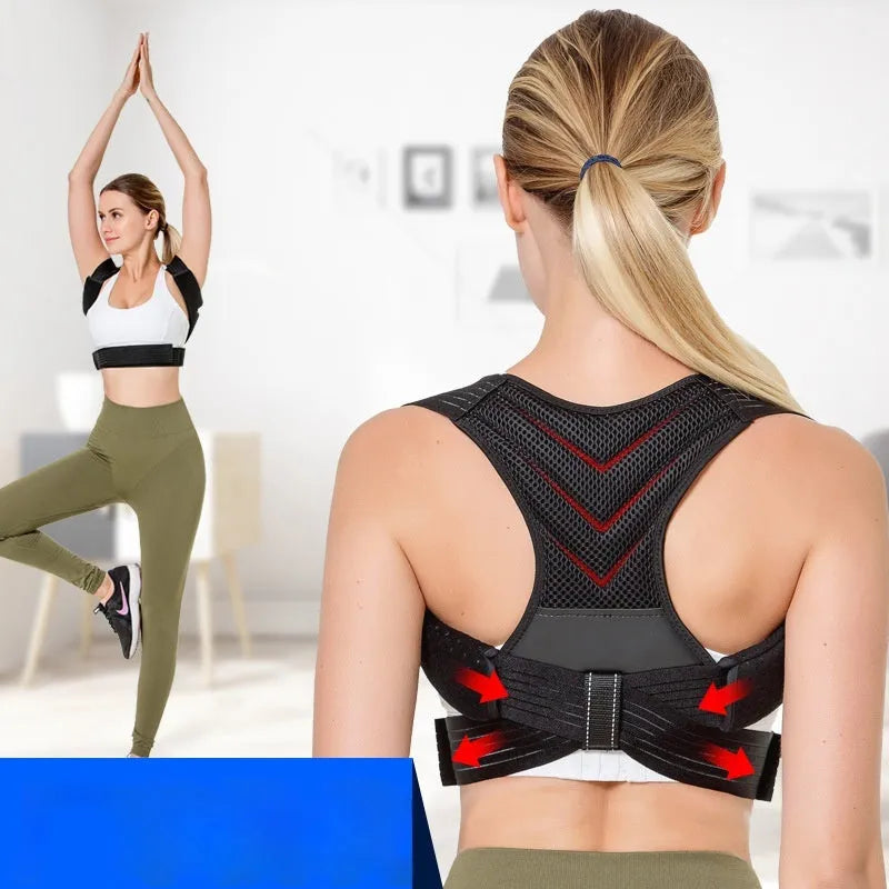 Black adjustable anti-humpback posture correction belt for back and shoulder support.