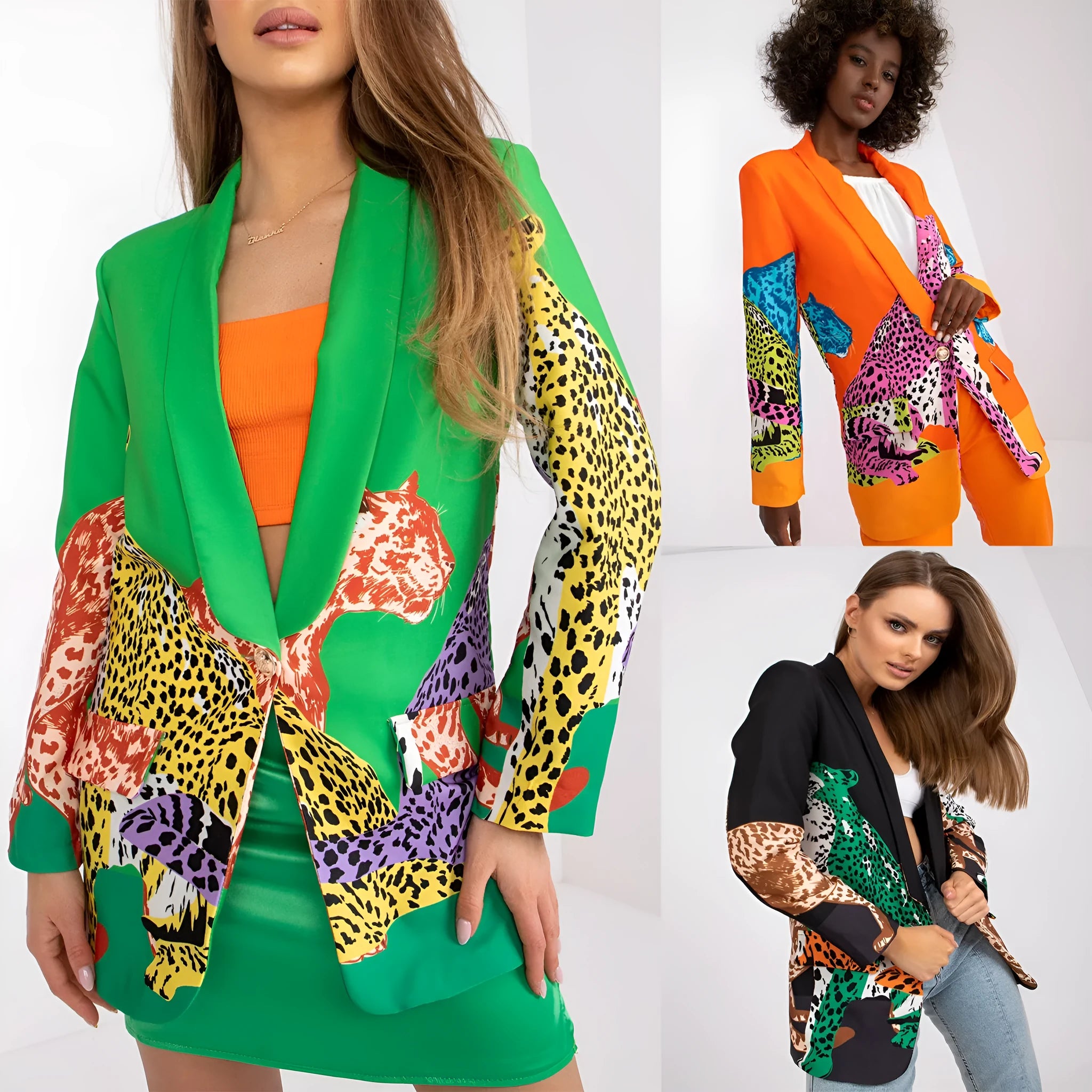 Leopard print slim fit long suit jacket for women, medium length 65cm, black with contrast colour, front pocket, street fashion style