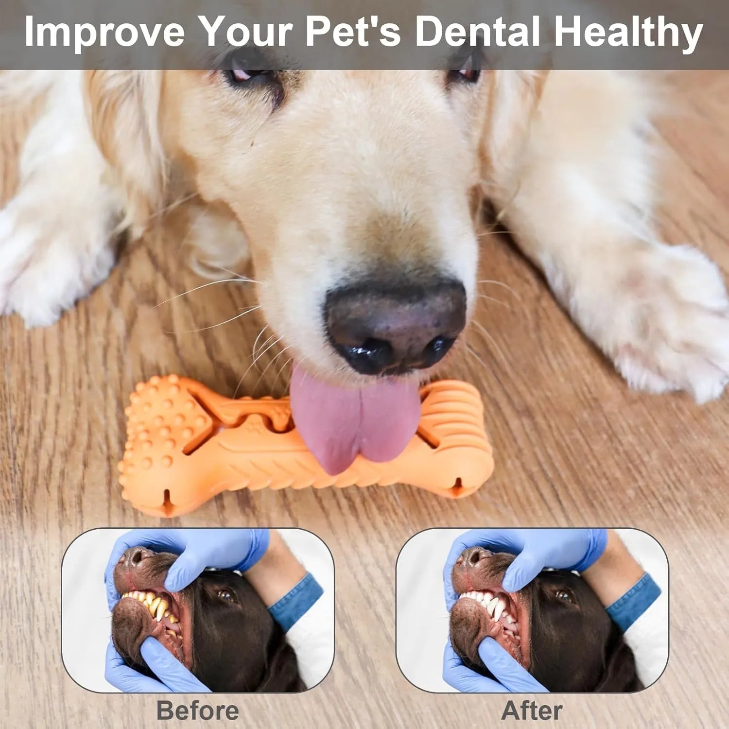 Natural rubber bone-shaped dog chew toy in blue, green, and orange options for aggressive chewers