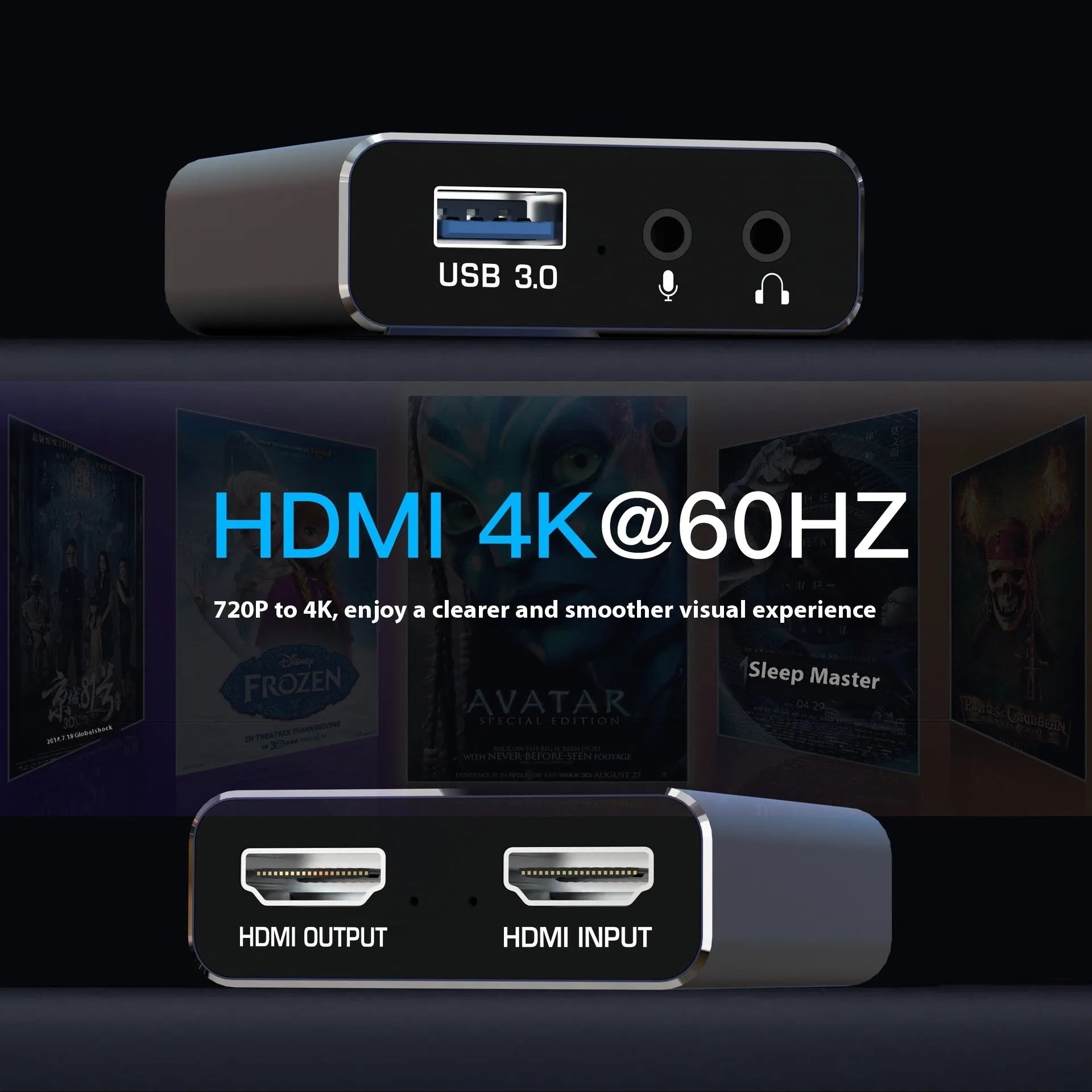 Black 4K gaming set-top box recording audio device with MS2131 chip for 1080 resolution capture
