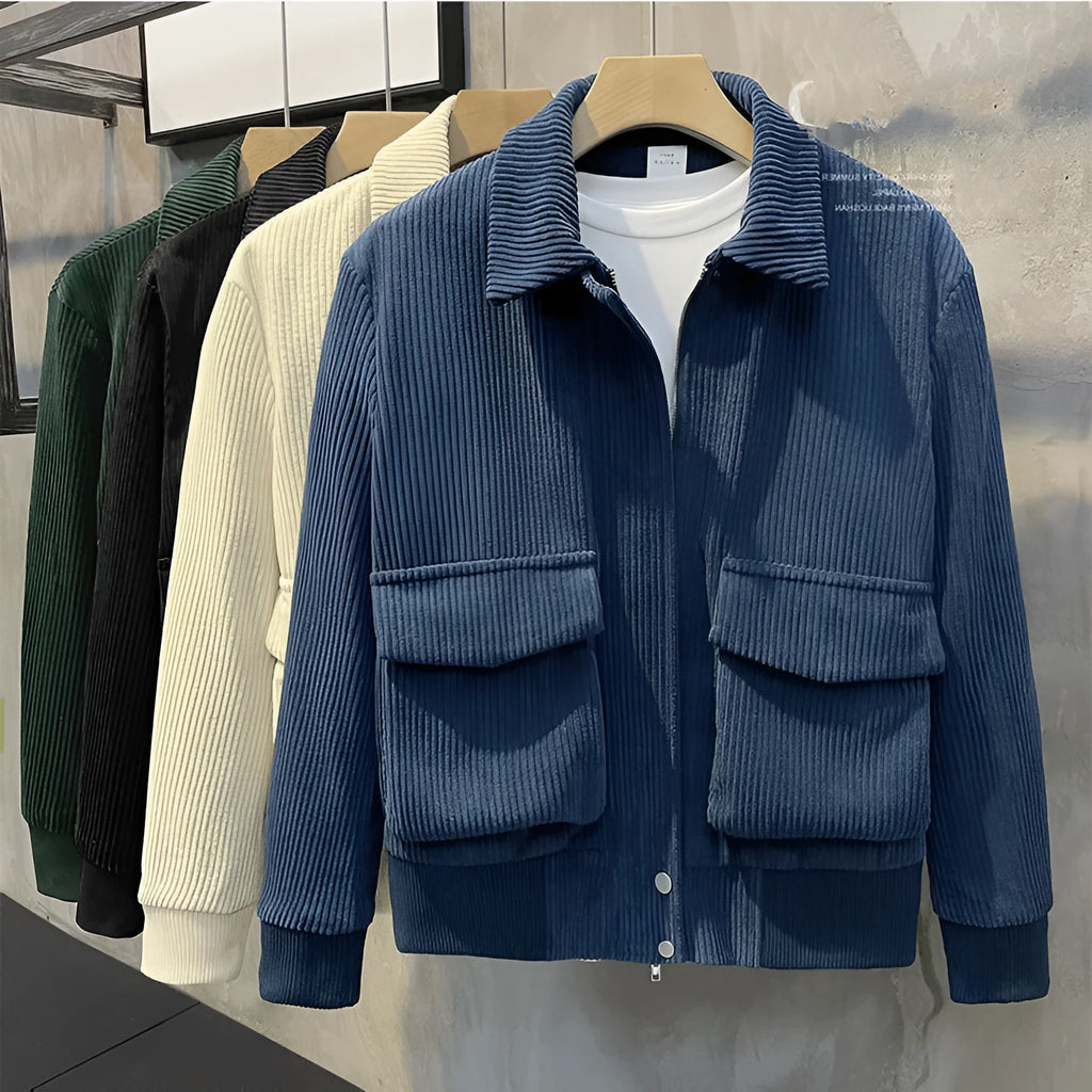 Corduroy coat for men, loose fit, drawstring sleeves, green colour, front view with relaxed silhouette