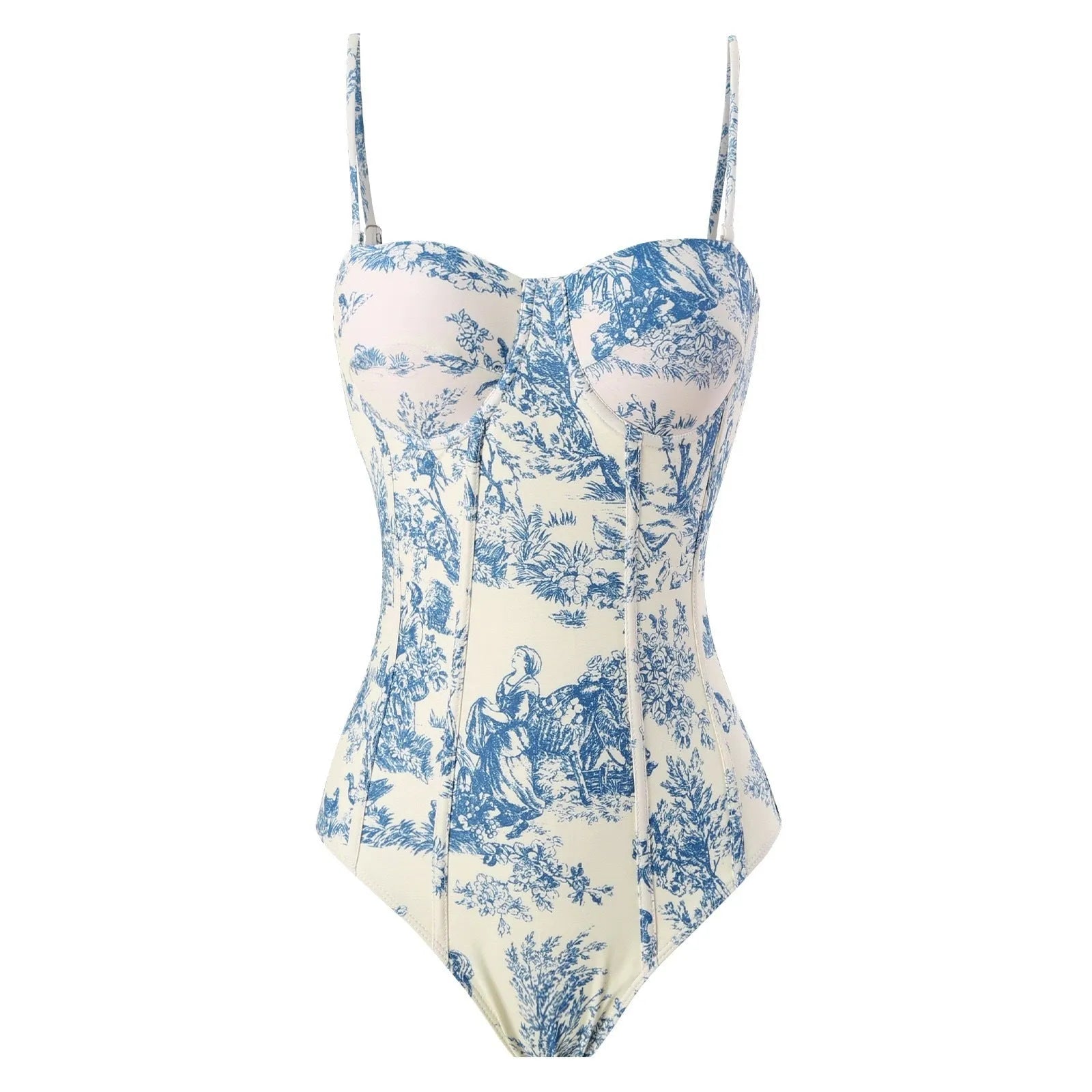 Blue women's one-piece swimsuit with matching gauze skirt on white background