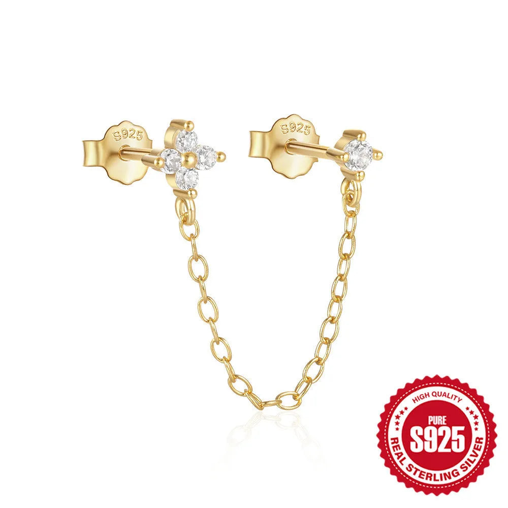 S925 sterling silver diamond flower tassel chain ear clip stud earrings with geometric design