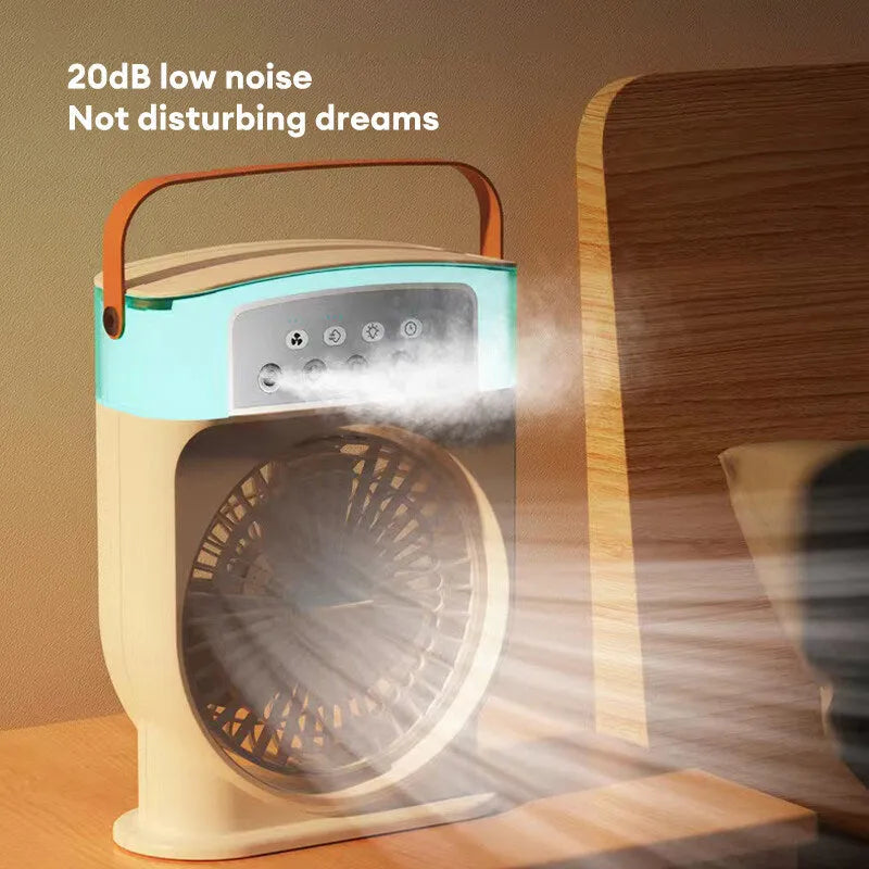Portable USB air conditioner cooling fan with 5 spray mist outlet, 600ml water tank, 7 colour LED lights, and leather handle in white