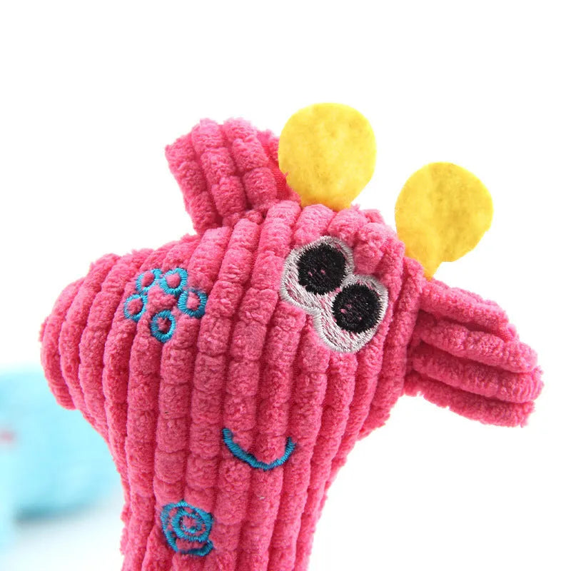 Blue deer shaped plush dog toy with corn grain texture and sound function measuring 25cm