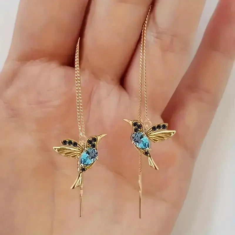 Bird hanging long style earrings for women with mixed zirconium wings in alloy construction