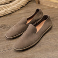 Men's handmade khaki and grey low-top casual shoes with a cowhide lining and rubber wedge sole.