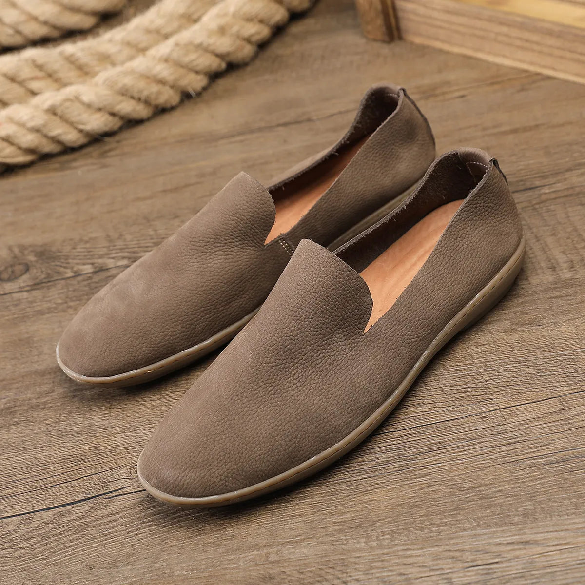 Men's handmade khaki and grey low-top casual shoes with a cowhide lining and rubber wedge sole.
