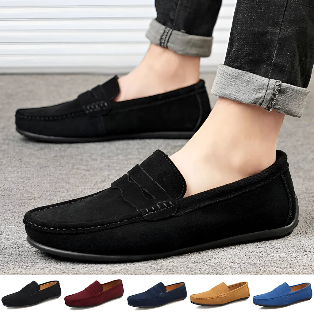 Men's suede slip-on loafers in solid colours with round toe and flat rubber sole
