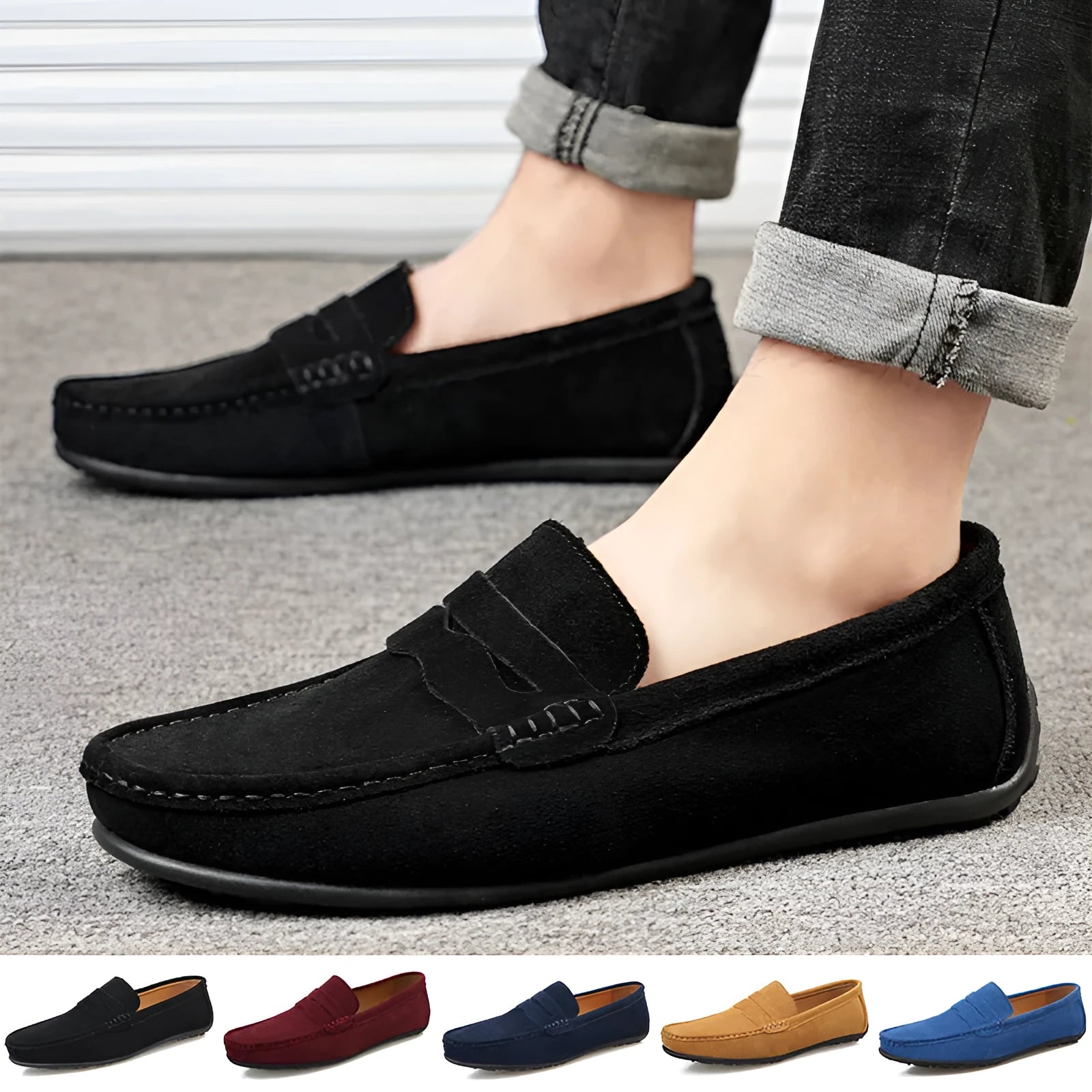 Men's suede slip-on loafers in solid colours with round toe and flat rubber sole