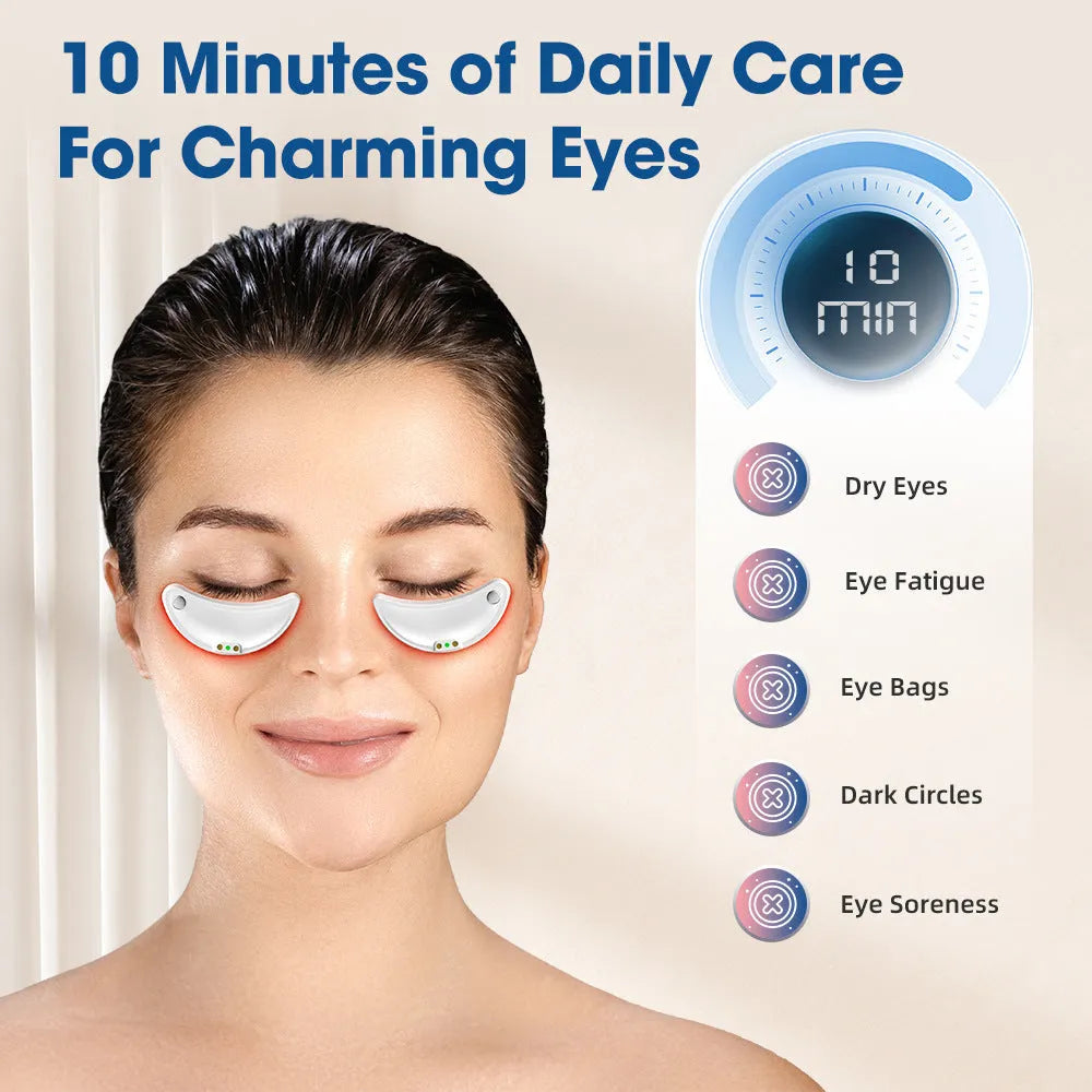 White wireless red light and EMS eye and face massager for home beauty treatment.