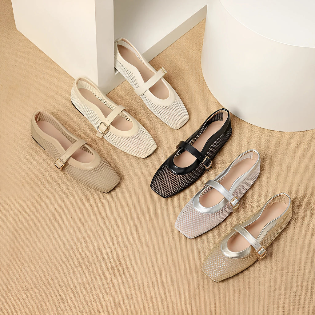 Women's beige mesh summer shoes with square toe, buckle closure, and low flat heel.