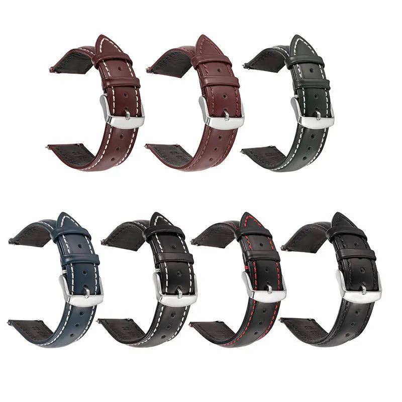 Quick release leather watch strap in bright cowhide showing colour options and width sizes.