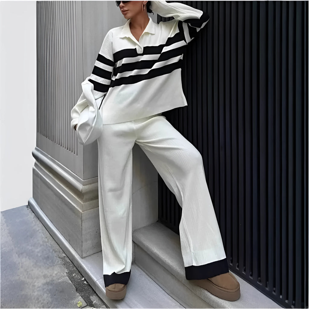 Women's black and white striped knitted polo collar two-piece set with matching trousers