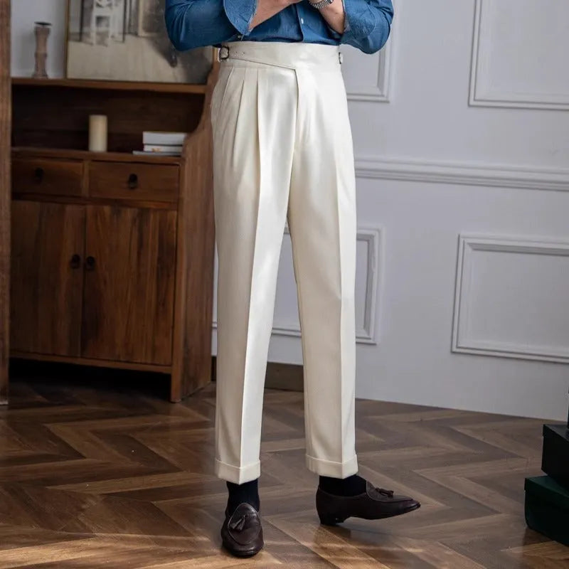 Men's high waist straight leg casual trousers in black, brown, khaki, or white.