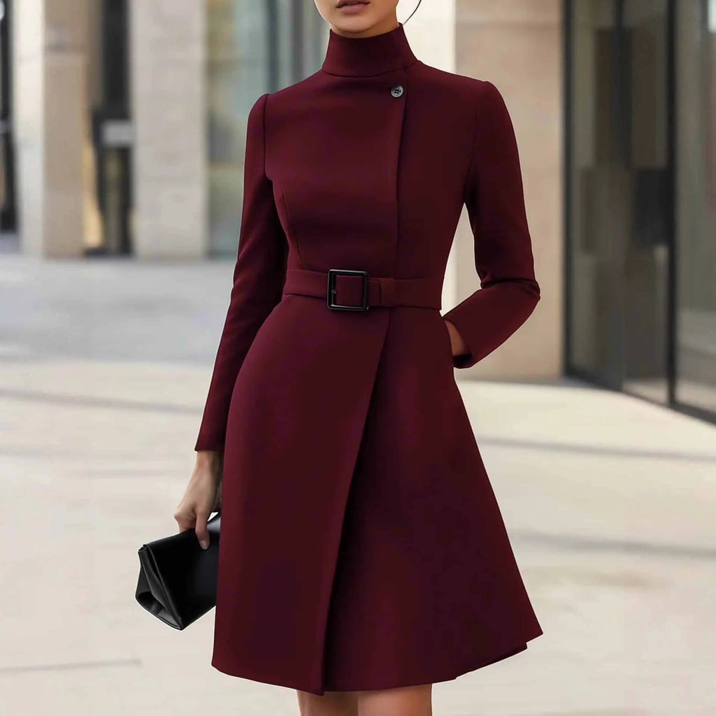 Women's long sleeve Bohemian dress with high waist and stand collar in black