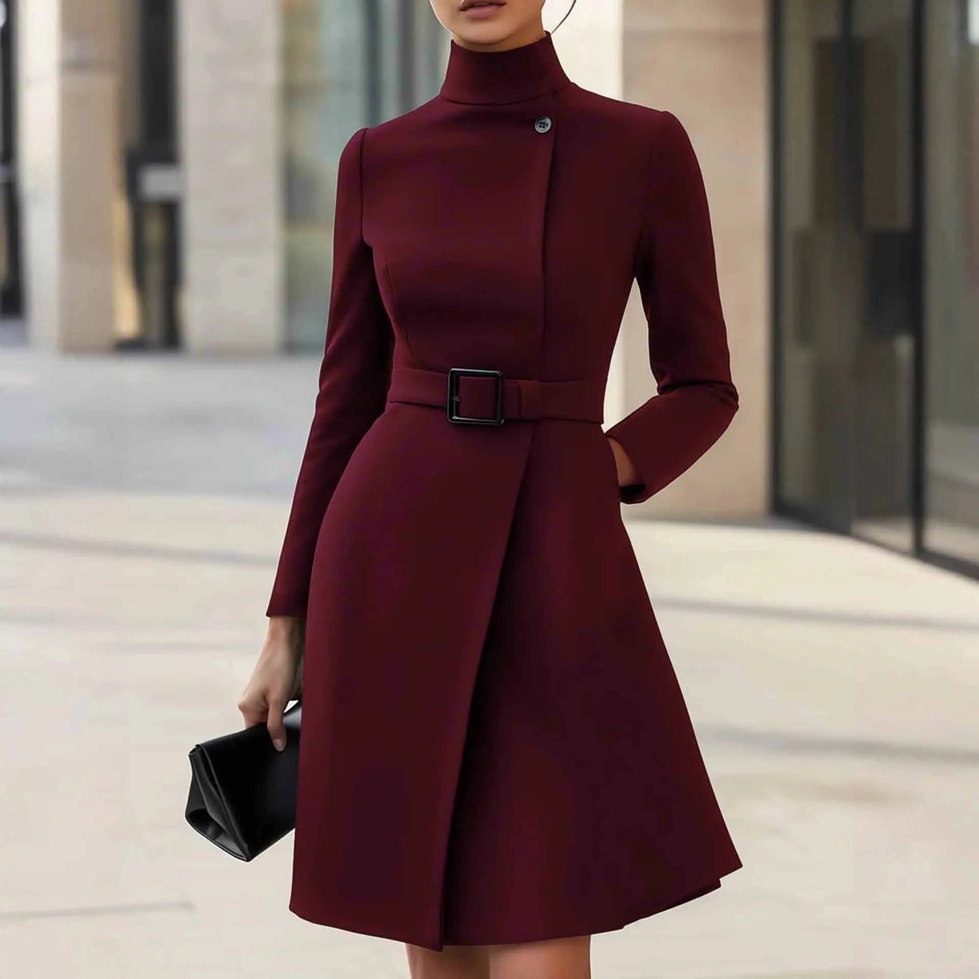 Women's long sleeve Bohemian dress with high waist and stand collar in black
