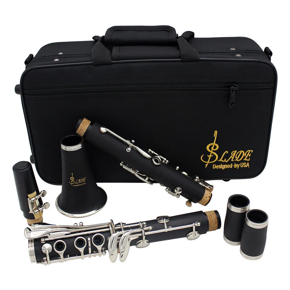 Black Bb soprano clarinet with Bakelite body and nickel 17-key mechanism with carrying bag