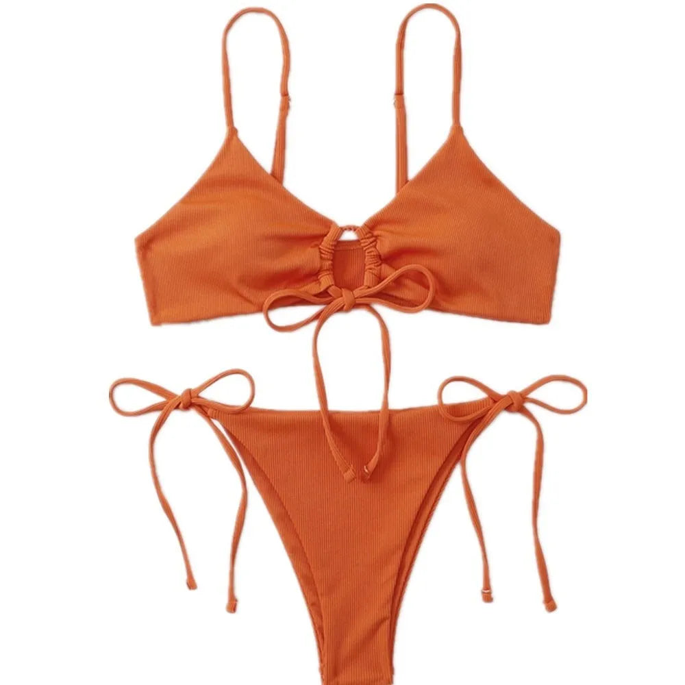 Women's solid colour drawstring bikini swimsuit in quick-dry nylon fabric