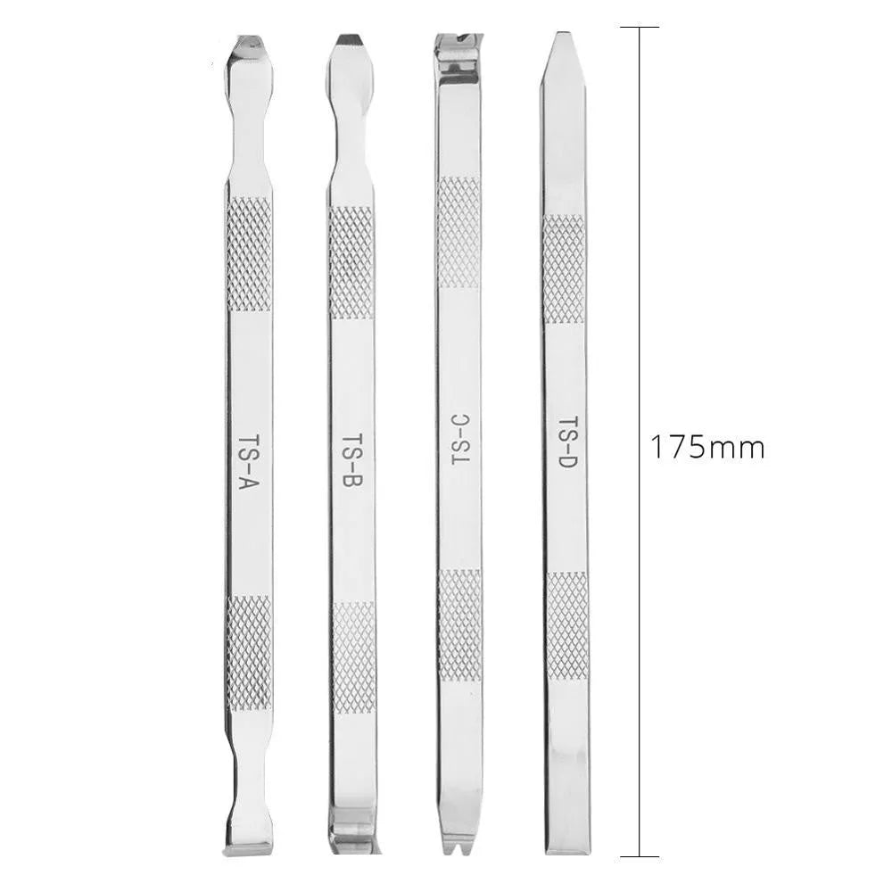 Black mobile phone repair fixture with silicone grips and a metal crowbar tool for disassembly