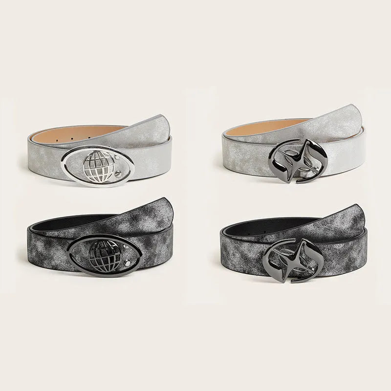 Retro style womens belt with oval alloy buckle on thick 4cm wide PU leather strap in earth tone colour