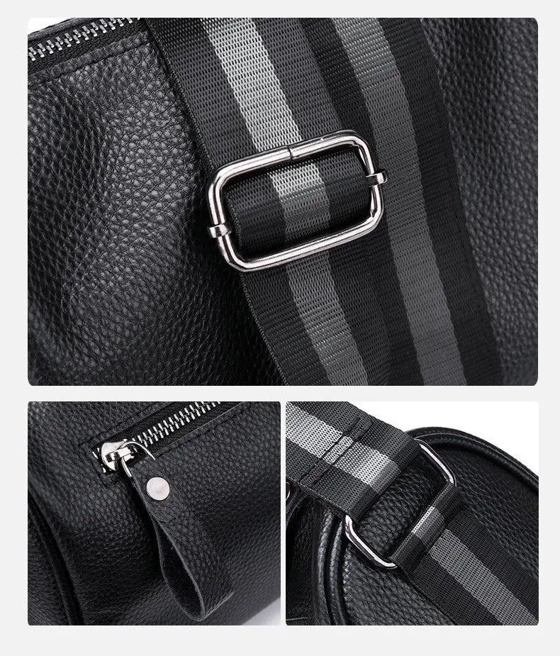 Black genuine leather crossbody bag showing single shoulder strap and structured 24x16x13cm design.