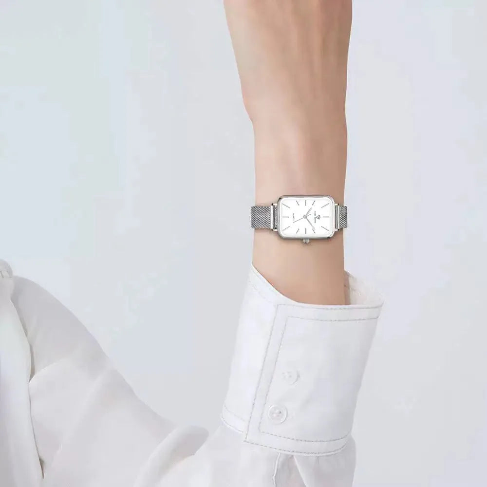 Womens waterproof watch with woven steel strap and alloy case in rose gold or silver