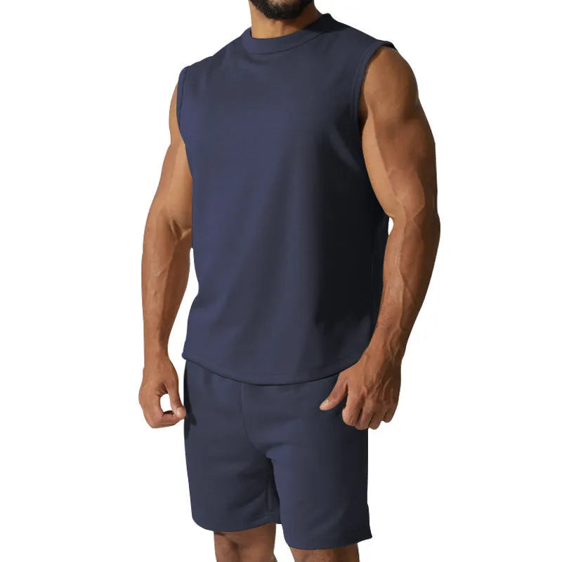 Men's sleeveless cotton blend sports top and shorts set in solid colour