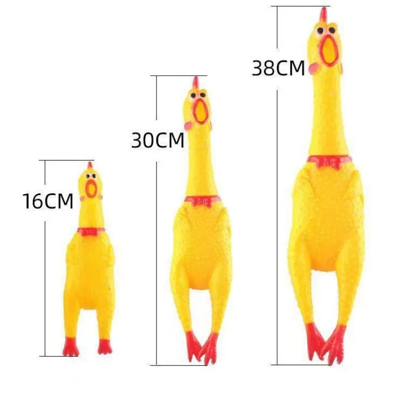 Yellow rubber screaming chicken dog toy in three sizes for chew and play